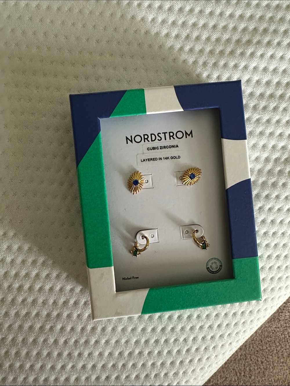Nordstrom 2-Pair Gold Tone Earring Set with Blue & Green Accents